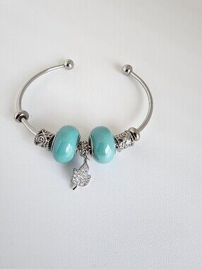 Silver Tone Charm Cuff Bracelet Turquoise Beads Butterfly Dangle Adjustable